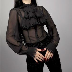 House of Widow Black Ruffle Chiffon Blouse